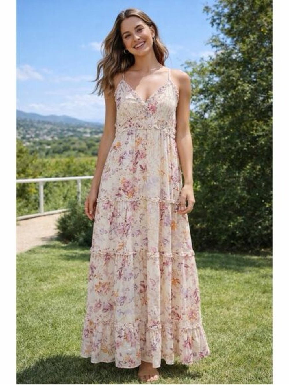 Chelsea28 Floral Tiered Spaghetti Strap Maxi Dress — Cream Pink